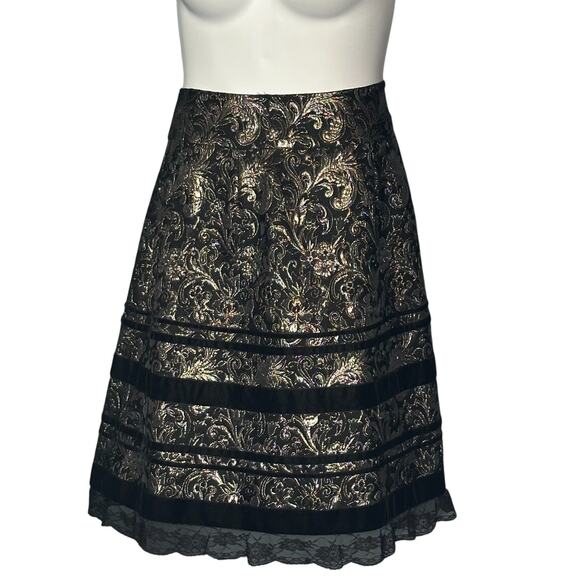 Vintage Via Condotti Italian Metallic Brocade Cocktail Skirt Medium Black Silver - Picture 1 of 7